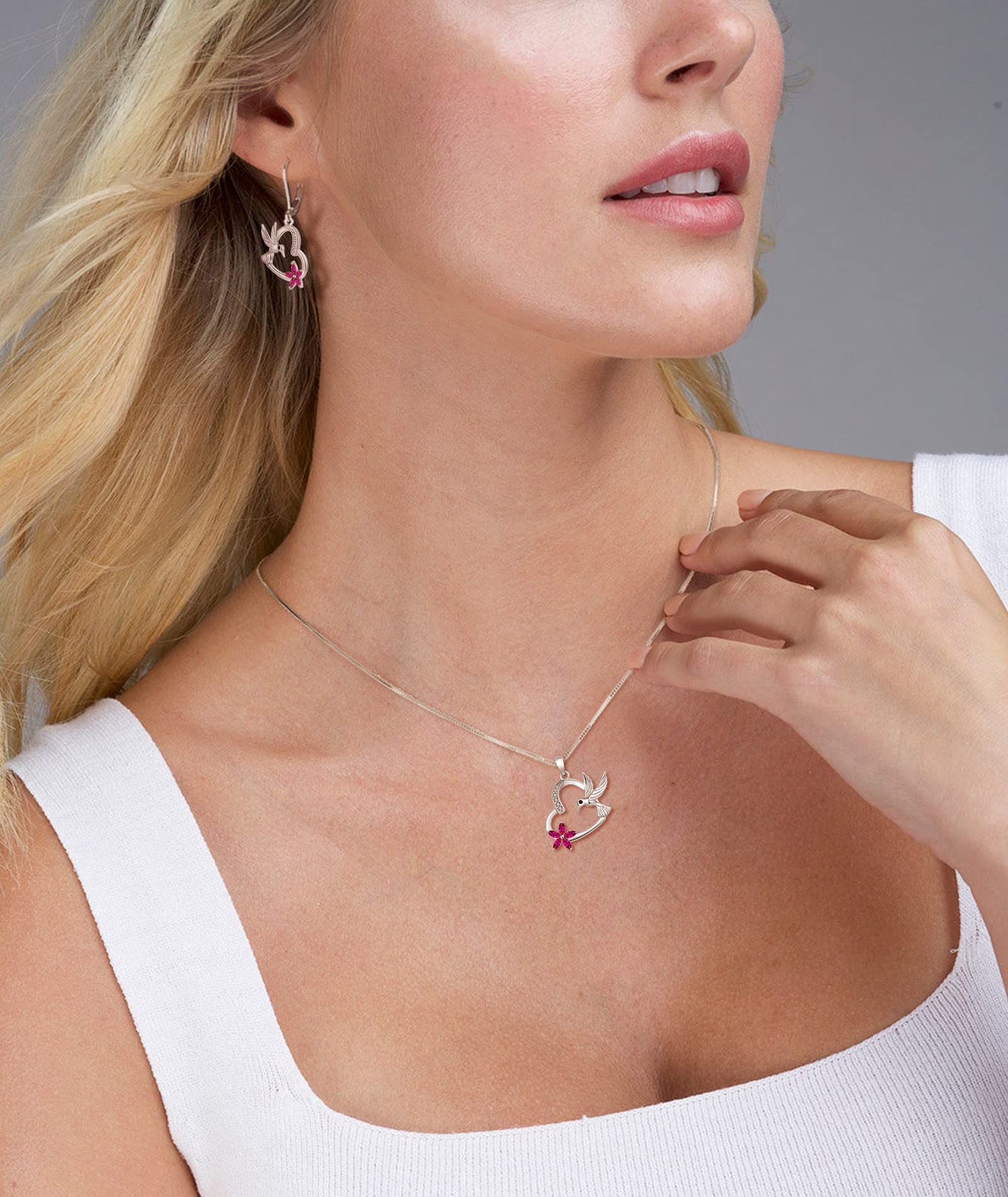 YL Hummingbird Necklace 925 Sterling Silver Heart Pendant Created Ruby Flower Jewelry for Women