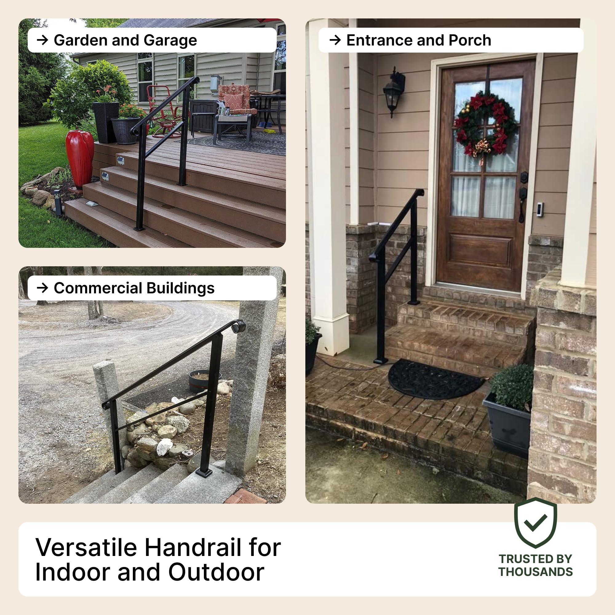 Metty Metal Handrails for Outdoor Steps - 1 to 4 Step Rails - Wrought Iron Railing, Indoor, Outdoor Stair Railing - Hand Rails for Indoor Stairs, Outdoor Handrail, Easy Install Stair Handrail, Black