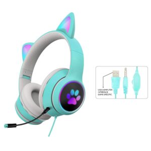 HONUTIGE Gaming Headset Cat Ear Headphone with RGB LED Light Microphone Stereo Sound Glowing Over-Ear Gaming Headsets for Kids and Adult