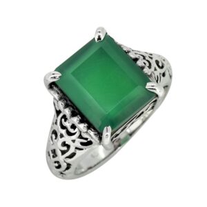 YoTreasure Green Onyx Solid 925 Sterling Silver Filigree Ring Jewelry