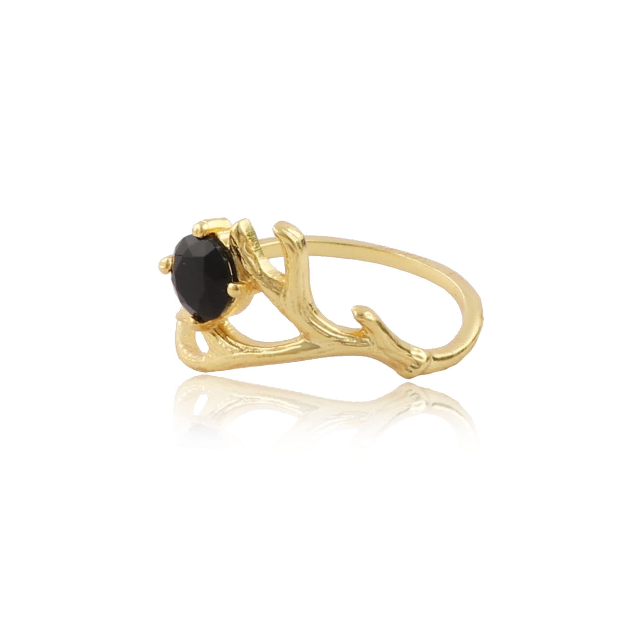 El Joyero Gold Plated Black Onyx. Handmade Round Shape Prong Sett Gemstone Brass Adjustable Rings