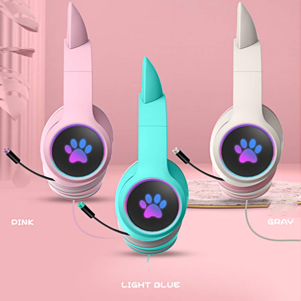 HONUTIGE Gaming Headset Cat Ear Headphone with RGB LED Light Microphone Stereo Sound Glowing Over-Ear Gaming Headsets for Kids and Adult