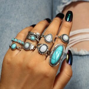 Asphinien 8 Pcs Bohemian Joint Knuckle Rings Set Oval Turquoise Finger Ring Opal Gemstone Teardrop Midi Rings Punk Leaf Index Ring for Women