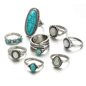 Asphinien 8 Pcs Bohemian Joint Knuckle Rings Set Oval Turquoise Finger Ring Opal Gemstone Teardrop Midi Rings Punk Leaf Index Ring for Women