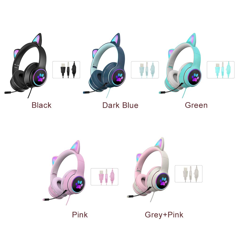 HONUTIGE Gaming Headset Cat Ear Headphone with RGB LED Light Microphone Stereo Sound Glowing Over-Ear Gaming Headsets for Kids and Adult