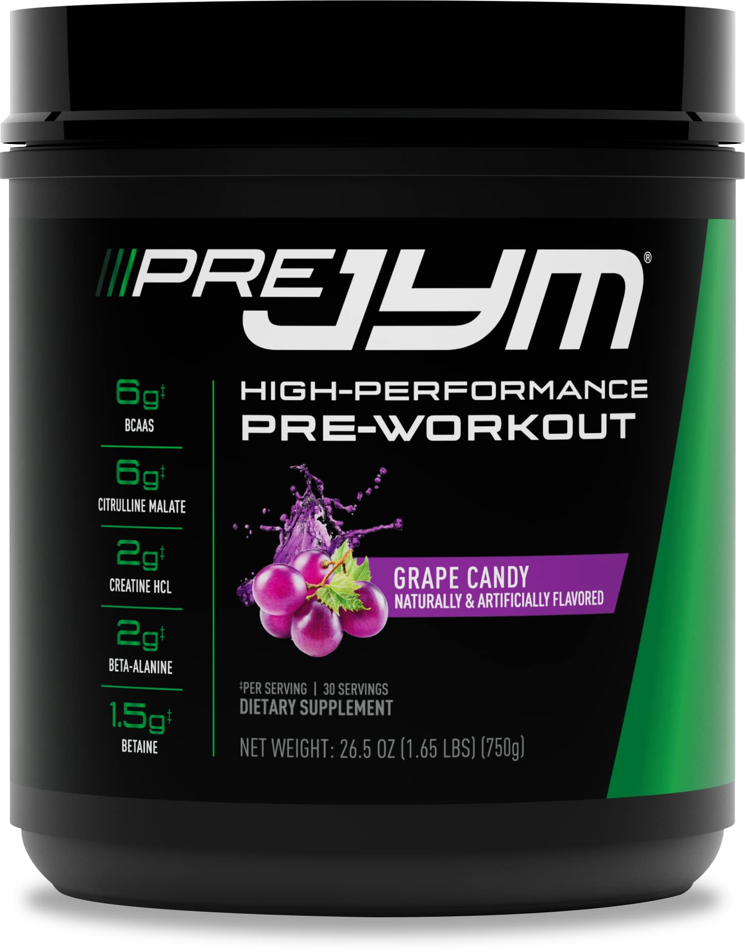 Pre JYM Grape Candy Pre Workout Powder - BCAAs, Nootropics, Creatine HCI, Citrulline, Beta-Alanine, Betaine, Taurine, Huperzine | JYM Supplement Science | 30 Servings