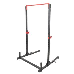 Sunny Health & Fitness Essential Adjustable Power Rack Squat Stand With J-Hooks, Adjustable Pull Up Bar, Weight Plate Holders, Resistance Band Posts Optional Incline Bench, LAT Pull Down Attachment