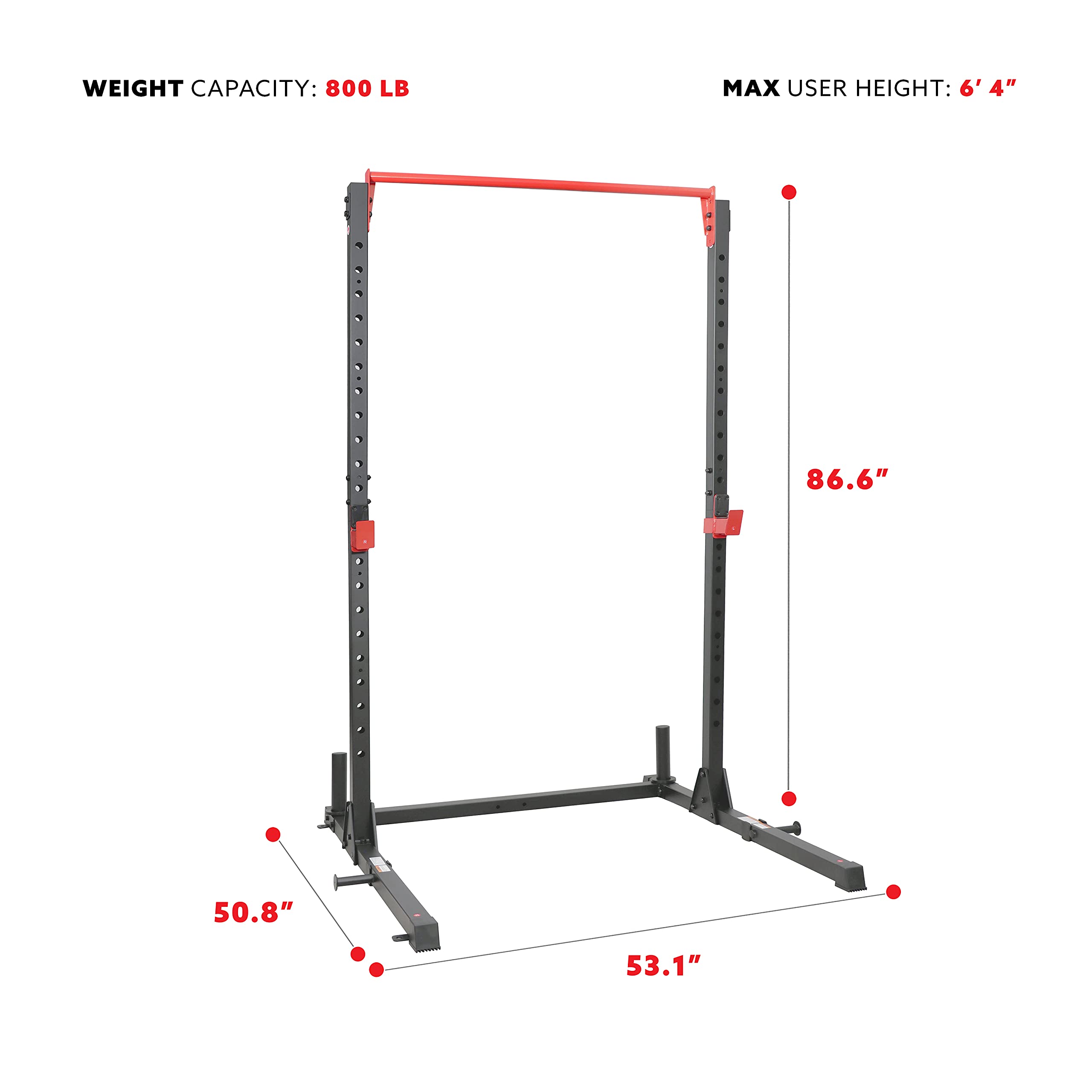 Sunny Health & Fitness Essential Adjustable Power Rack Squat Stand With J-Hooks, Adjustable Pull Up Bar, Weight Plate Holders, Resistance Band Posts Optional Incline Bench, LAT Pull Down Attachment