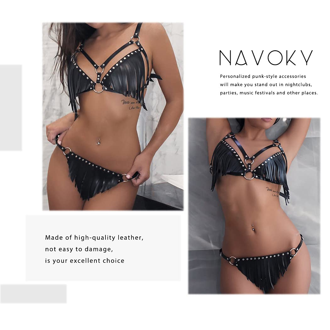 Navoky Punk Leather Waist Chain Black Tassel Belly Body Chains Jewelry Accessories for Women and Girls