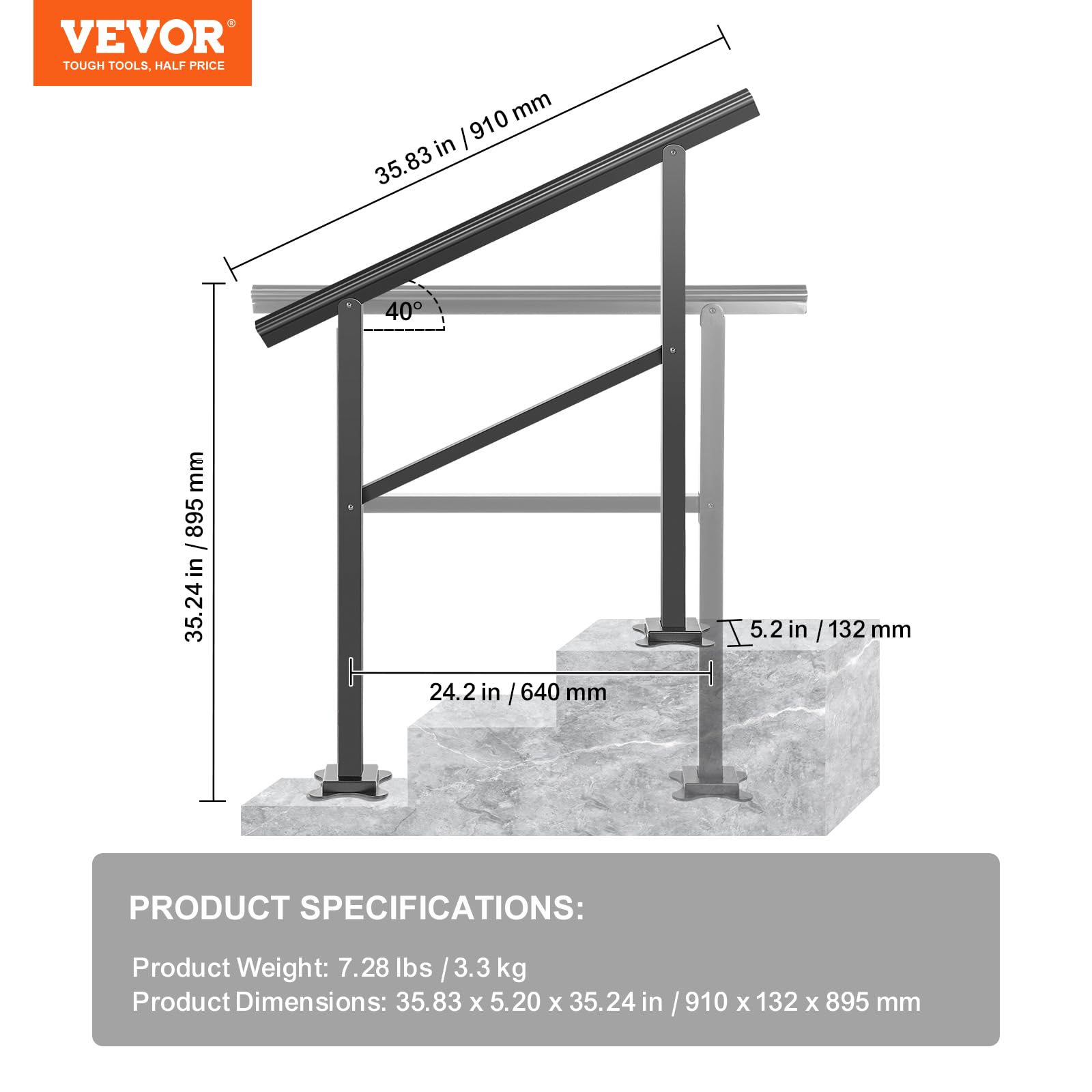 VEVOR Handrail for Outdoor Steps, 2-3 Steps Outdoor Handrail, Adjustable Aluminum Staircase Handrail, Thickened Stair Railings for Porch Railing, Deck Handrail