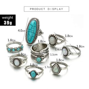 Asphinien 8 Pcs Bohemian Joint Knuckle Rings Set Oval Turquoise Finger Ring Opal Gemstone Teardrop Midi Rings Punk Leaf Index Ring for Women