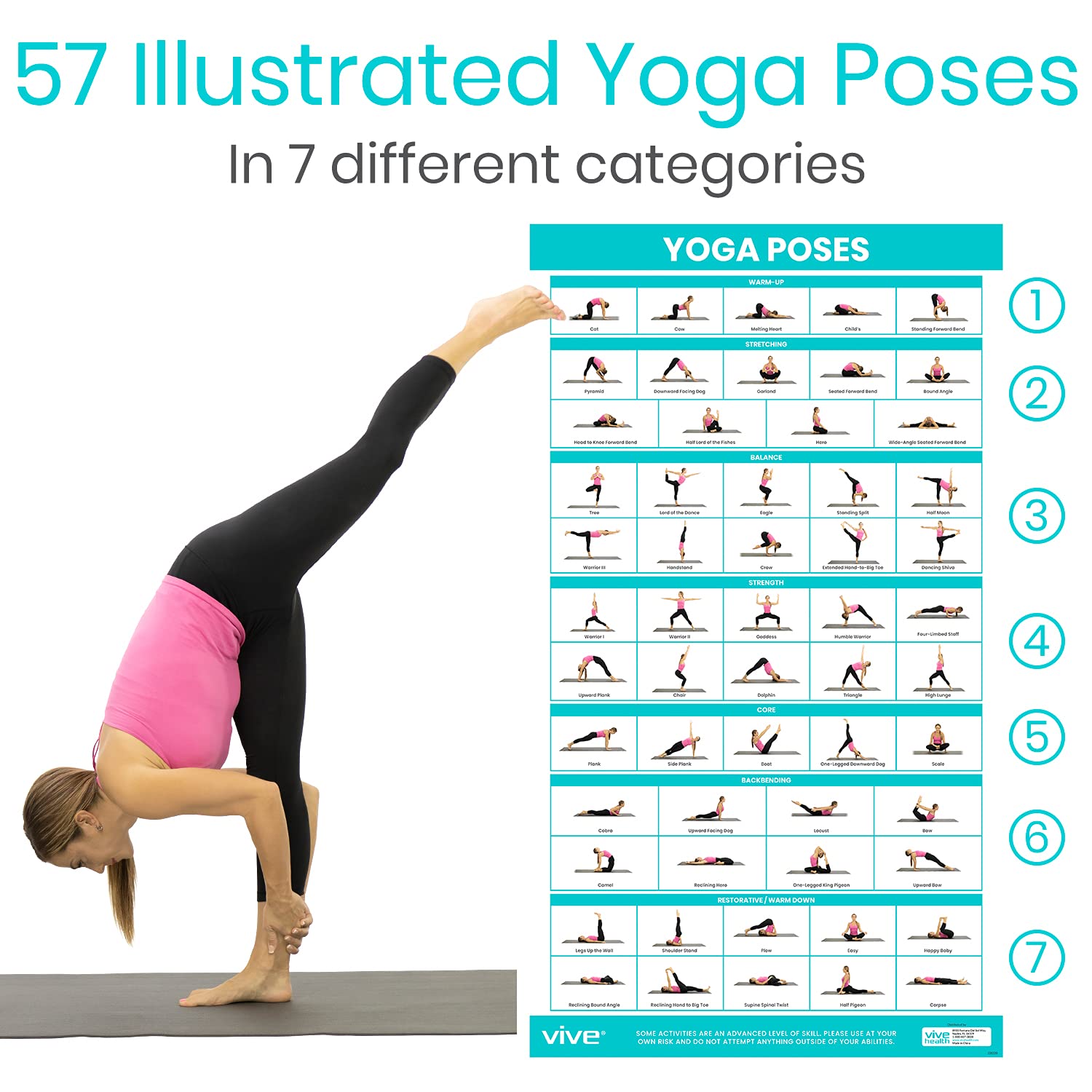 Vive Yoga Poses + Stretching Exercises + Resistance Band Workouts Poster for Home Gym (3 Pack) - 149 Illustrations for Flexibility, Strength, Core, Exercising, Pilates Mat - Work Chart Set, Laminated 30" x 17"