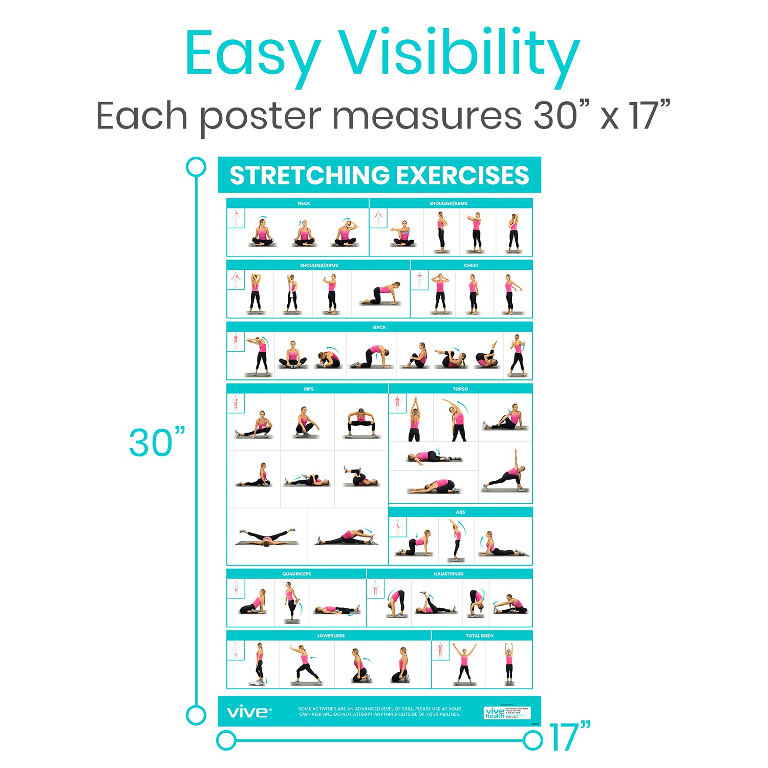 Vive Yoga Poses + Stretching Exercises + Resistance Band Workouts Poster for Home Gym (3 Pack) - 149 Illustrations for Flexibility, Strength, Core, Exercising, Pilates Mat - Work Chart Set, Laminated 30" x 17"