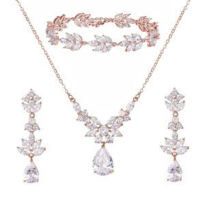 SWEETV Teardrop Wedding Bridal Jewelry Set for Brides Women Bridesmaid, Crystal Rhinestone Backdrop Necklace Earring Sets for Prom (Rose Gold Necklace Earrinags Bracelet)