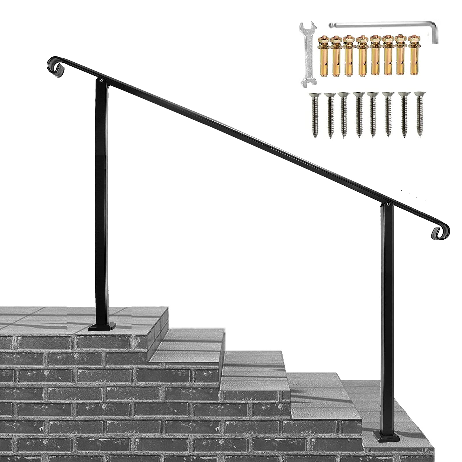 Metty Metal Outdoor Stair Railing, Black Handrails for Outdoor Steps 4 Step Handrail Fits