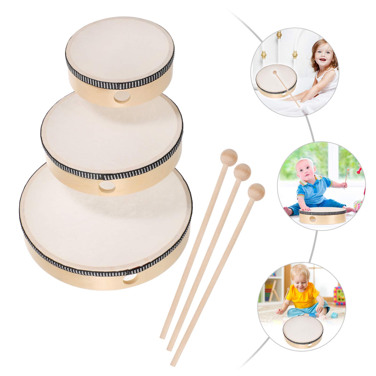 3pcs Hand Drumsï¼Œ Wood Frame Tambourine Percussion Instruments with 3pcs Drum Sticks for Kids