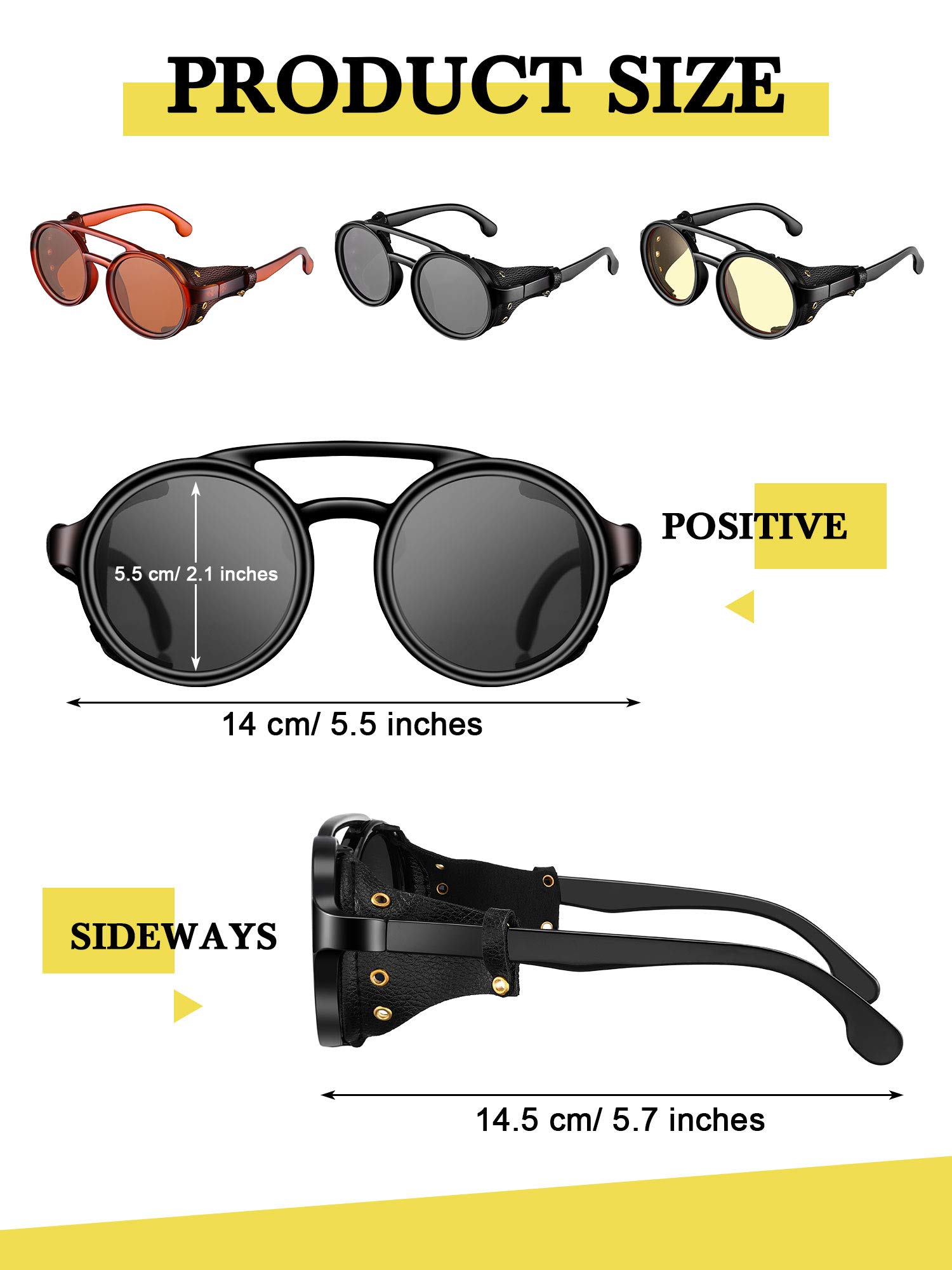 Weewooday 3 Pairs Retro Round Steampunk Sunglasses with Faux Leatherwear for Men Women (Vintage Color)