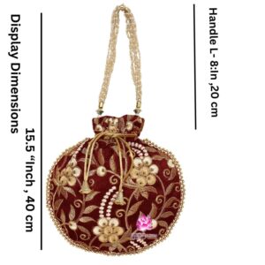 Bridal Bag for Women Indian Ethnic Potli Drawstring Purse Handbag Embroidered Floral Bag Batwa Wedding Jewelry Pearls Handle Clutch (H*L-23x24CM Maroon)