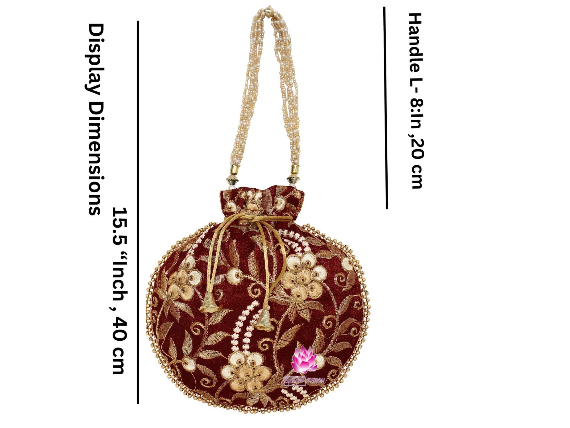 Bridal Bag for Women Indian Ethnic Potli Drawstring Purse Handbag Embroidered Floral Bag Batwa Wedding Jewelry Pearls Handle Clutch (H*L-23x24CM Maroon)