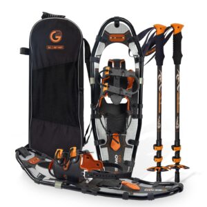 g2 30 inches light weight snowshoes for women men youth, set with trekking poles, carrying bag, snow baskets, special eva padded one-pull binding, heel lift, toe box, orange