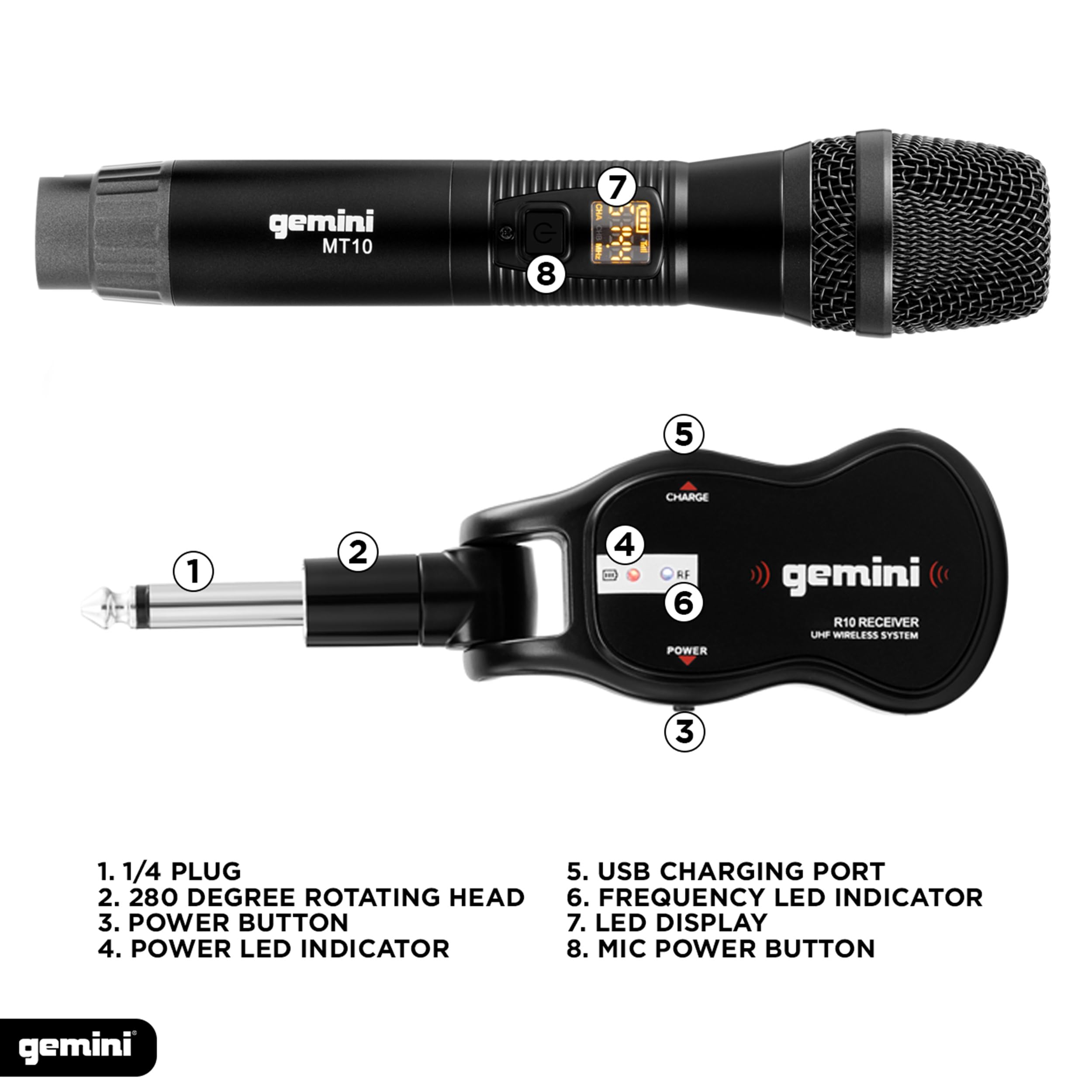 Gemini Sound GMU-M100 Professional Plug & Play Wireless Rechargeable UHF Handheld Microphone with Cordless Self Powered 1/4 Inch Jack Receiver for Mixer or PA Speaker - Karaoke and Live Performance