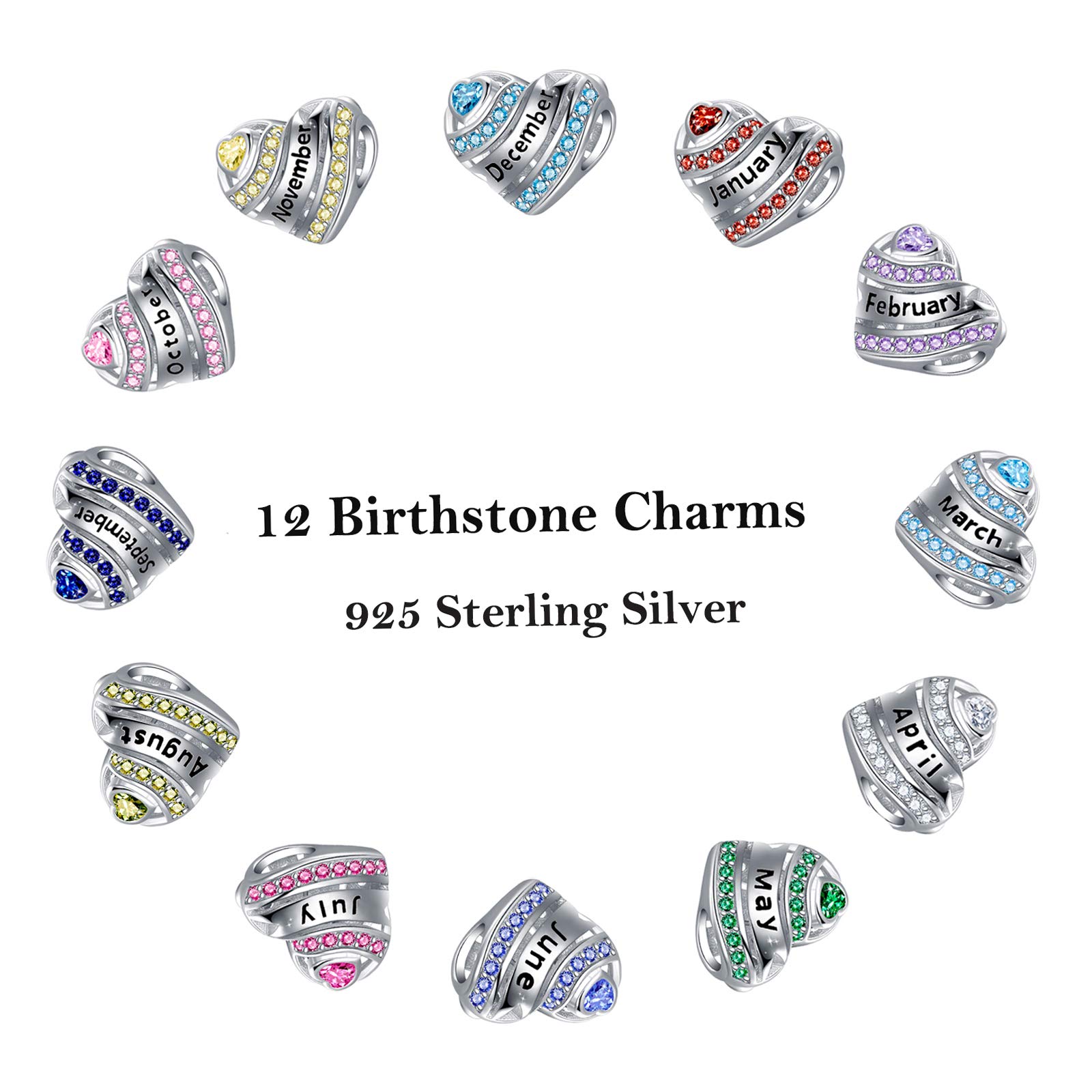 925 Sterling Silver Heart Charms for Charms Bracelet-Birthstone Bead Charms Fit For Pandora Bracelets and Necklaces, March Birthstone Jewelry For Women. (March)