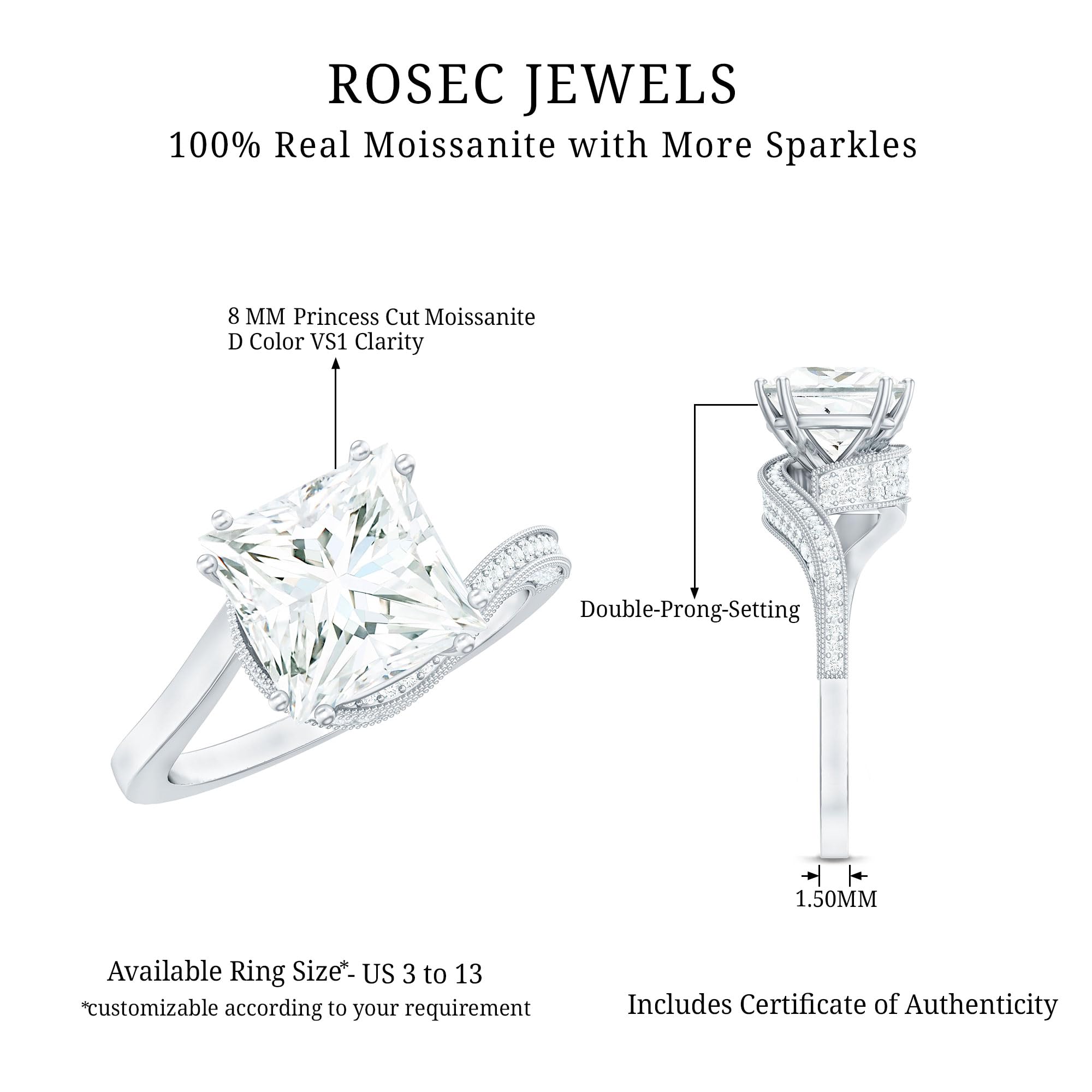 Rosec Jewels Certified Moissanite Solitaire Bypass Engagement Ring for Women | 3.75 Cttw | 8 MM | D-VS1 Quality, 14K White Gold, Size:US 6.50