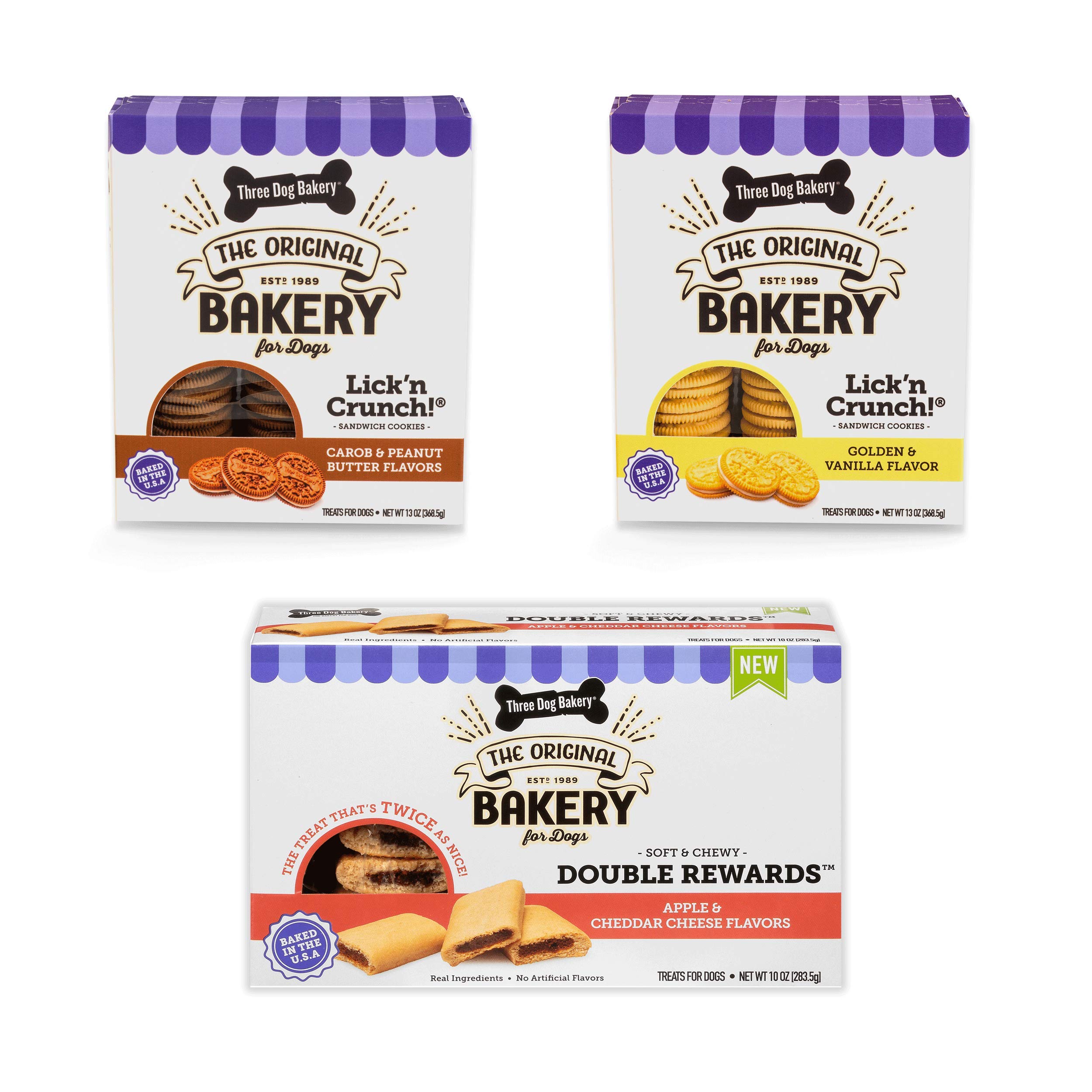 Three Dog Bakery Classic Cookies Variety Pack Premium Treats for Dogs, Carob/Peanut Butter, Golden/Vanilla, & Double Reward, 36 Ounces, (Pack of 3)