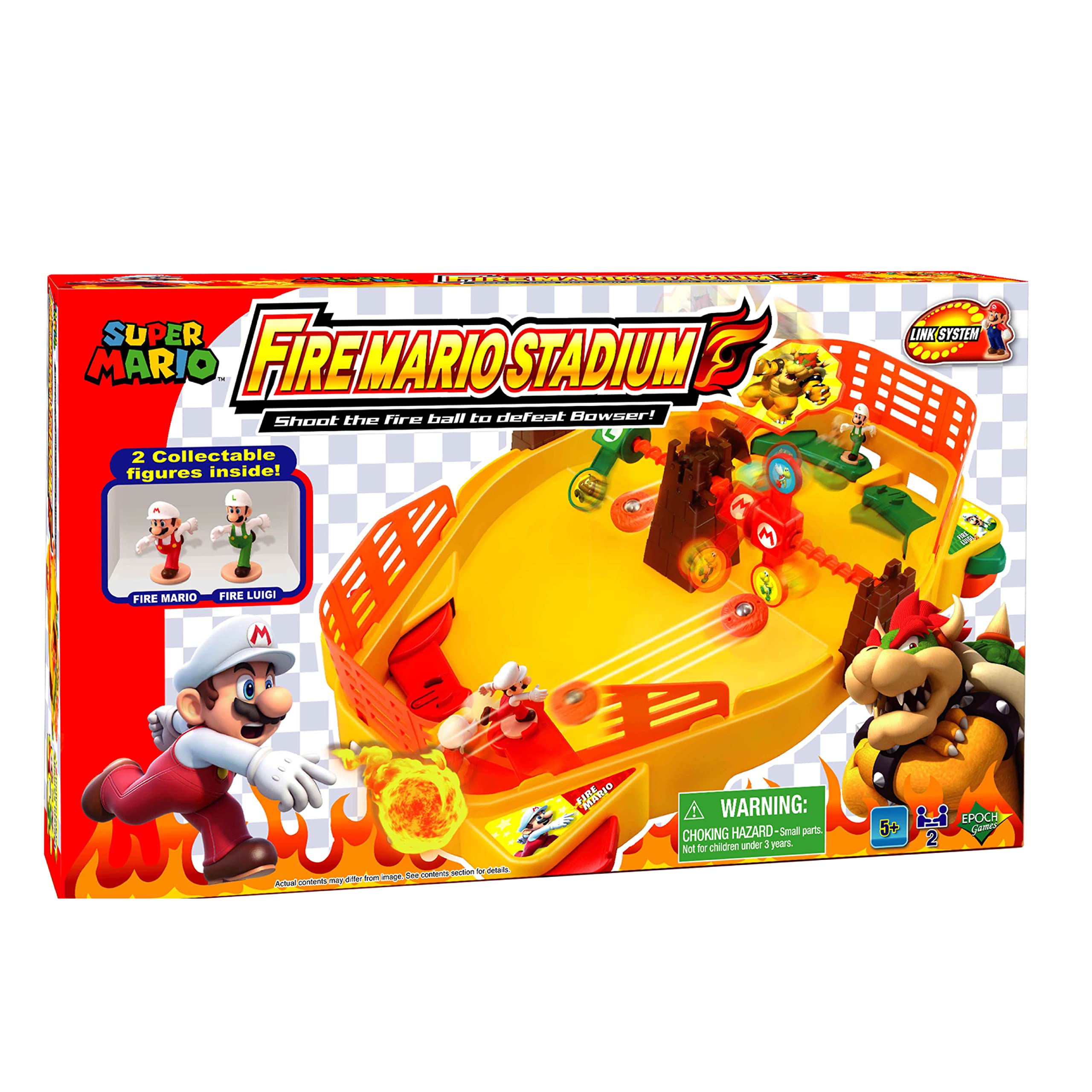 EPOCH Super Mario Fireball Stadium - 2-Player Tabletop Action Game for Ages 5+ - Includes Bowser’s Tower, Double-Sided Targets, and Mario & Luigi Collectible Action Figures