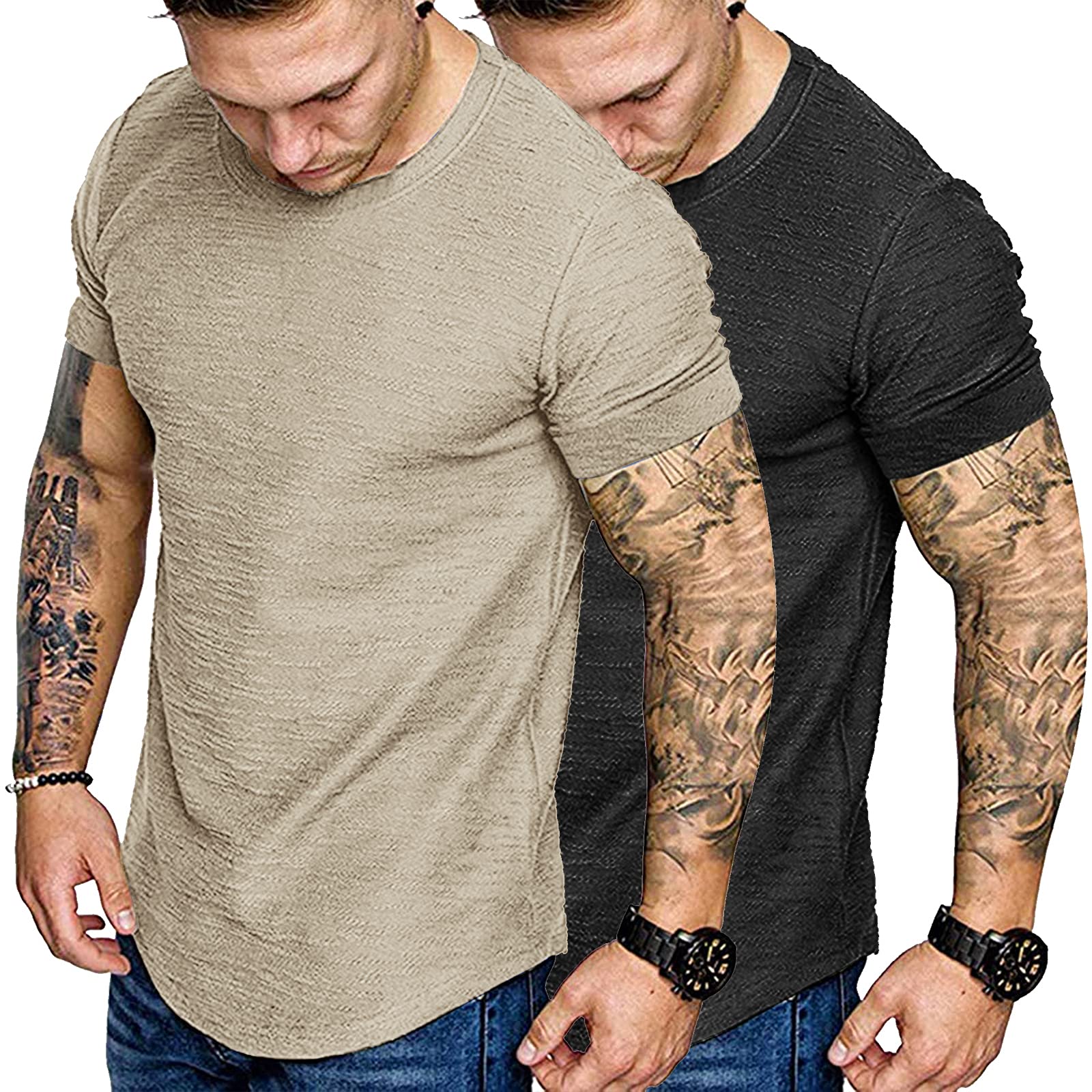 COOFANDY Men's 2 Pack Muscle Active T-Shirt Gym Bodybuilding Tee Top Shirts Black/Khaki