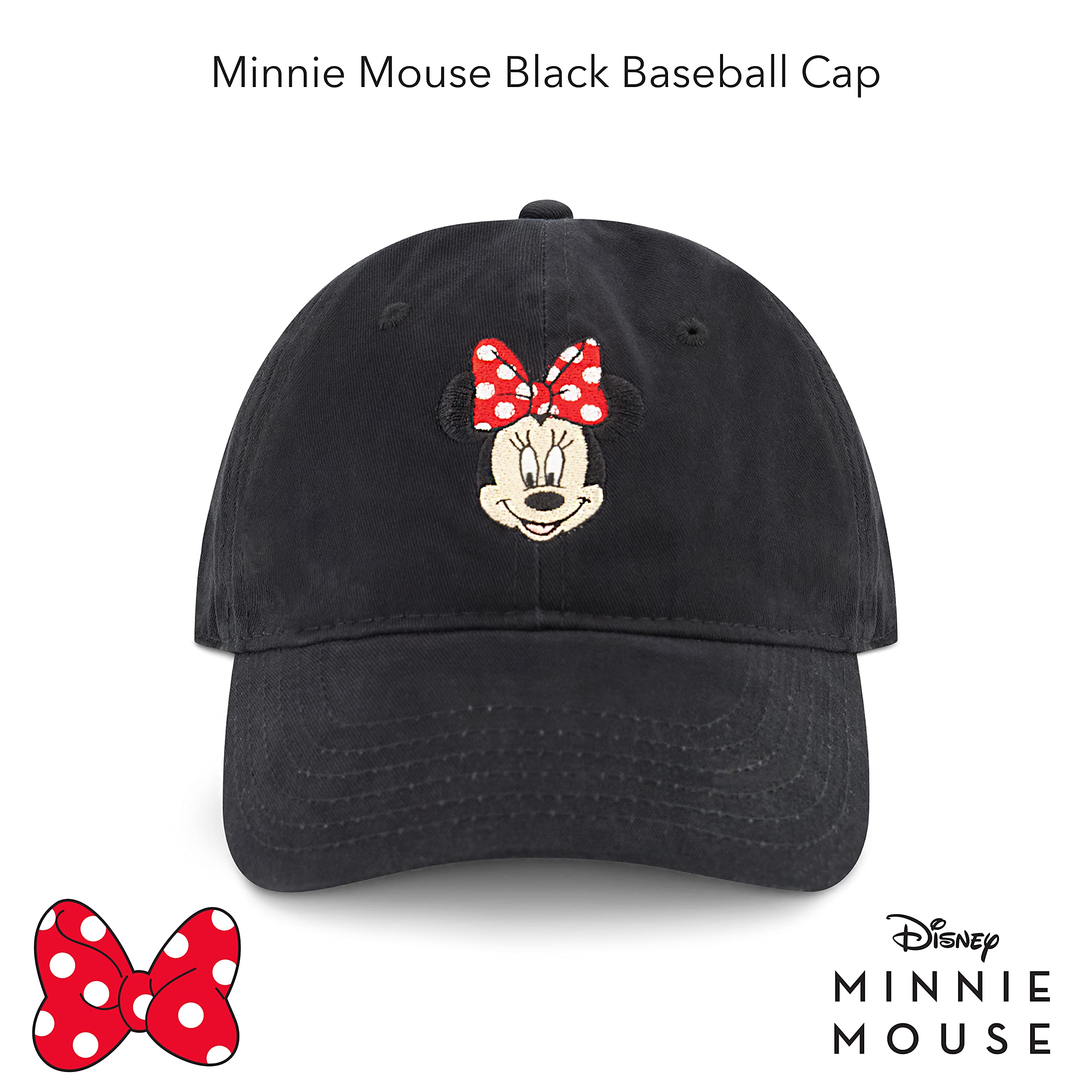 Disney Minnie Mouse Dad Hat, Cotton Adjustable Baseball Cap with Curved Brim, Black, One Size