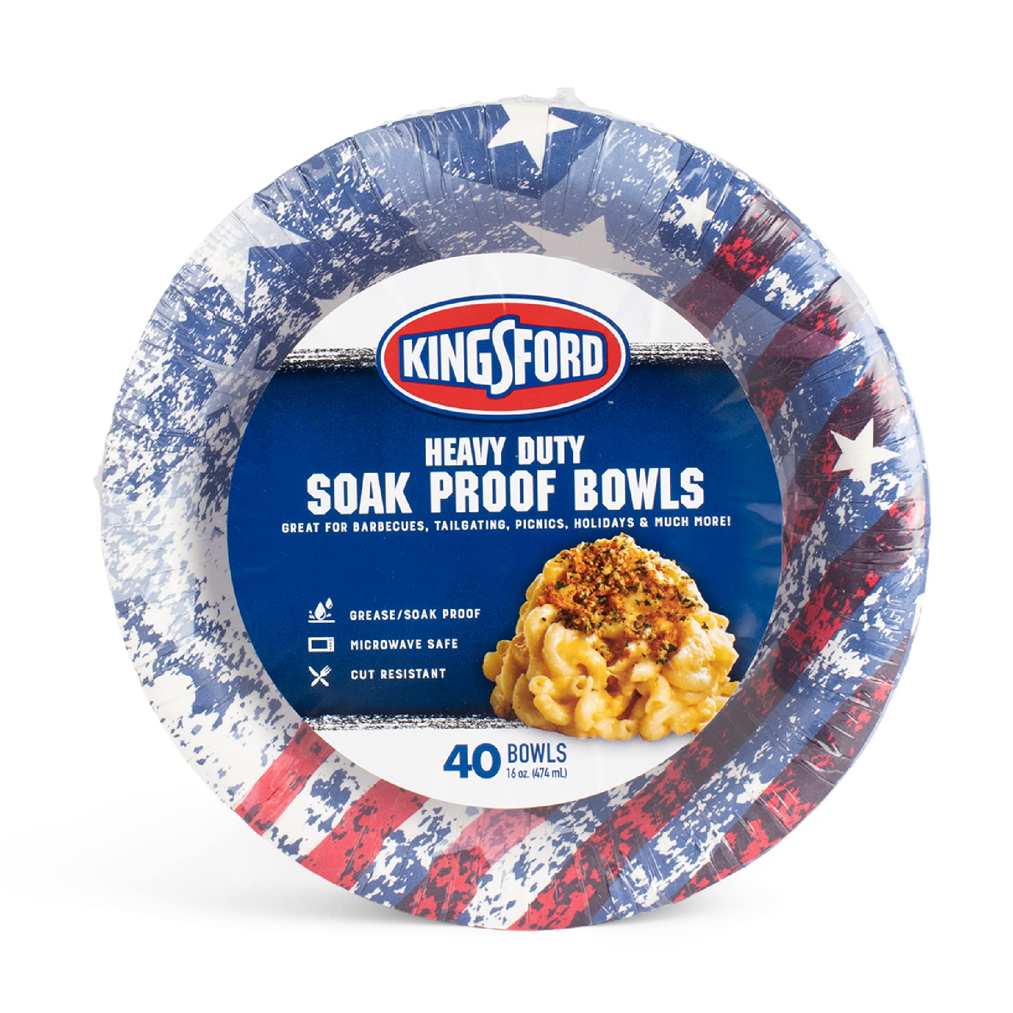 Kingsford Heavy Duty Soak Proof Paper Bowls, 16 oz - 40 Count Paper Bowls for Barbecues, Picnics & Holidays Microwave Safe Disposable Bowls | American Flag Bowls, Patriotic Bowls