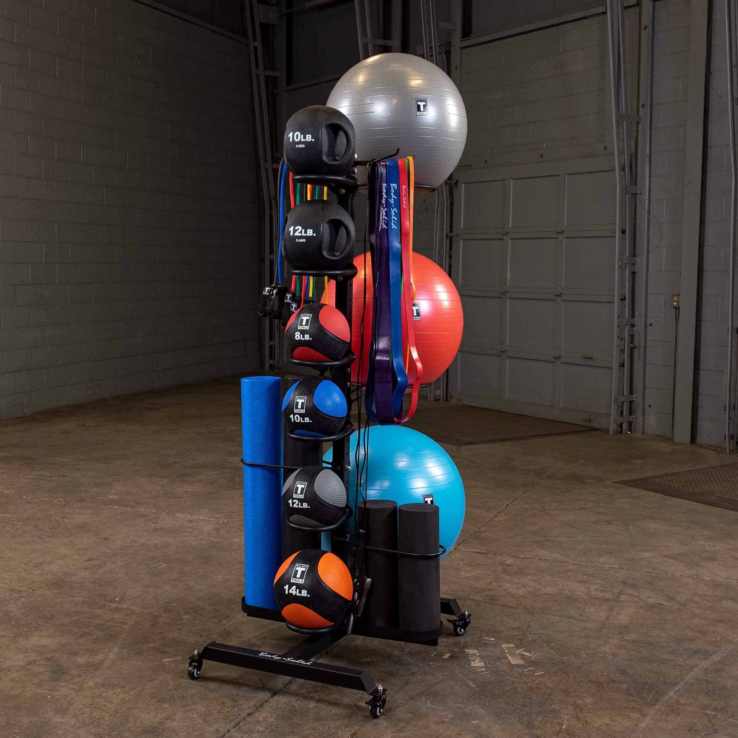 Body-Solid (GAR100) Compact Accessory Vertical Stand Rack for Organizing Medicine Balls, Weights Ball, Resistance Bands and Tubes, Jump Ropes, Foam Rollers, Yoga Mats, and more