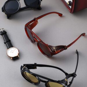 Weewooday 3 Pairs Retro Round Steampunk Sunglasses with Faux Leatherwear for Men Women (Vintage Color)