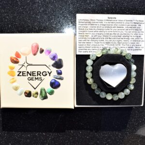 Zenergy Gems Charged Natural Prehnite 8mm Bracelet + Selenite Charging Heart [Included]