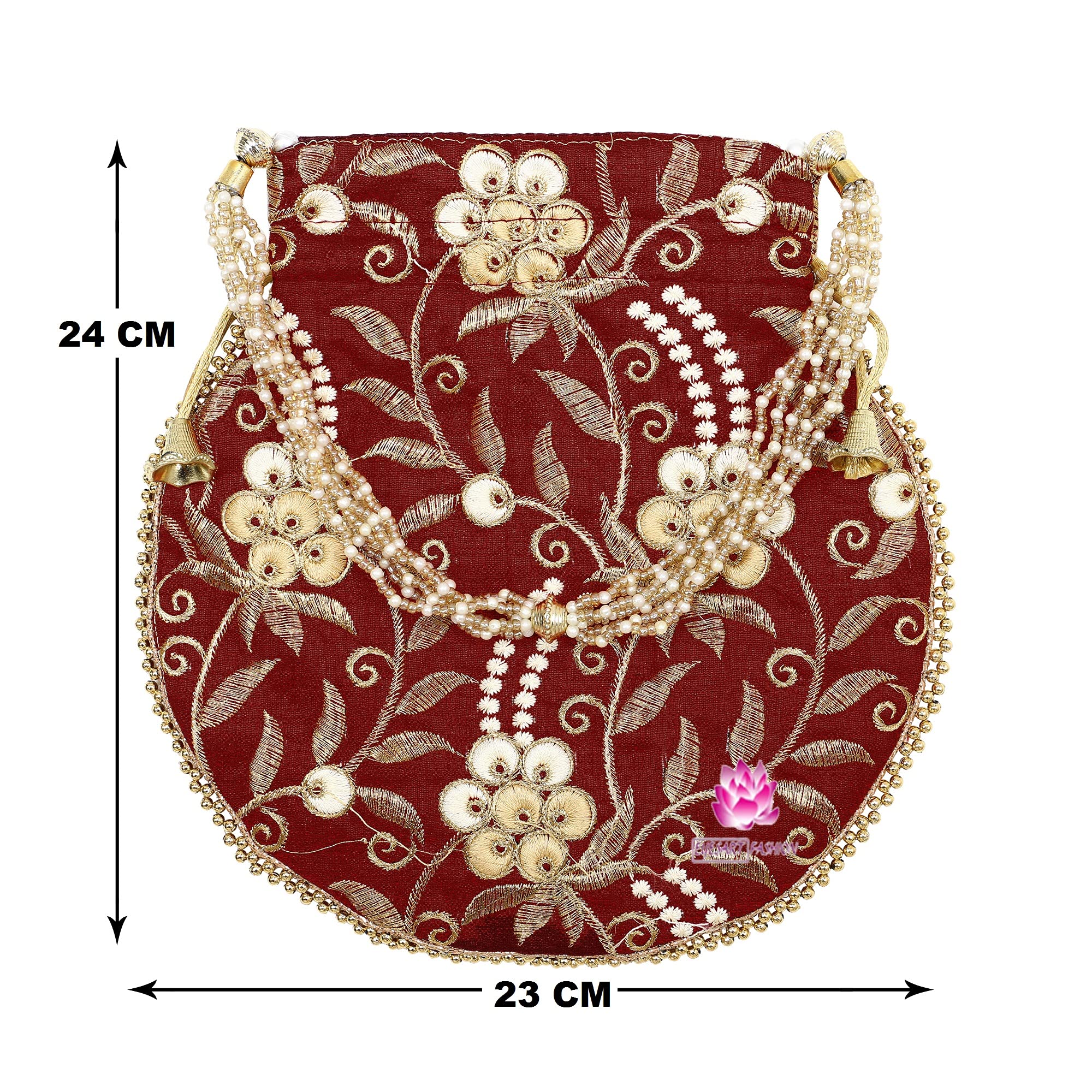 Bridal Bag for Women Indian Ethnic Potli Drawstring Purse Handbag Embroidered Floral Bag Batwa Wedding Jewelry Pearls Handle Clutch (H*L-23x24CM Maroon)