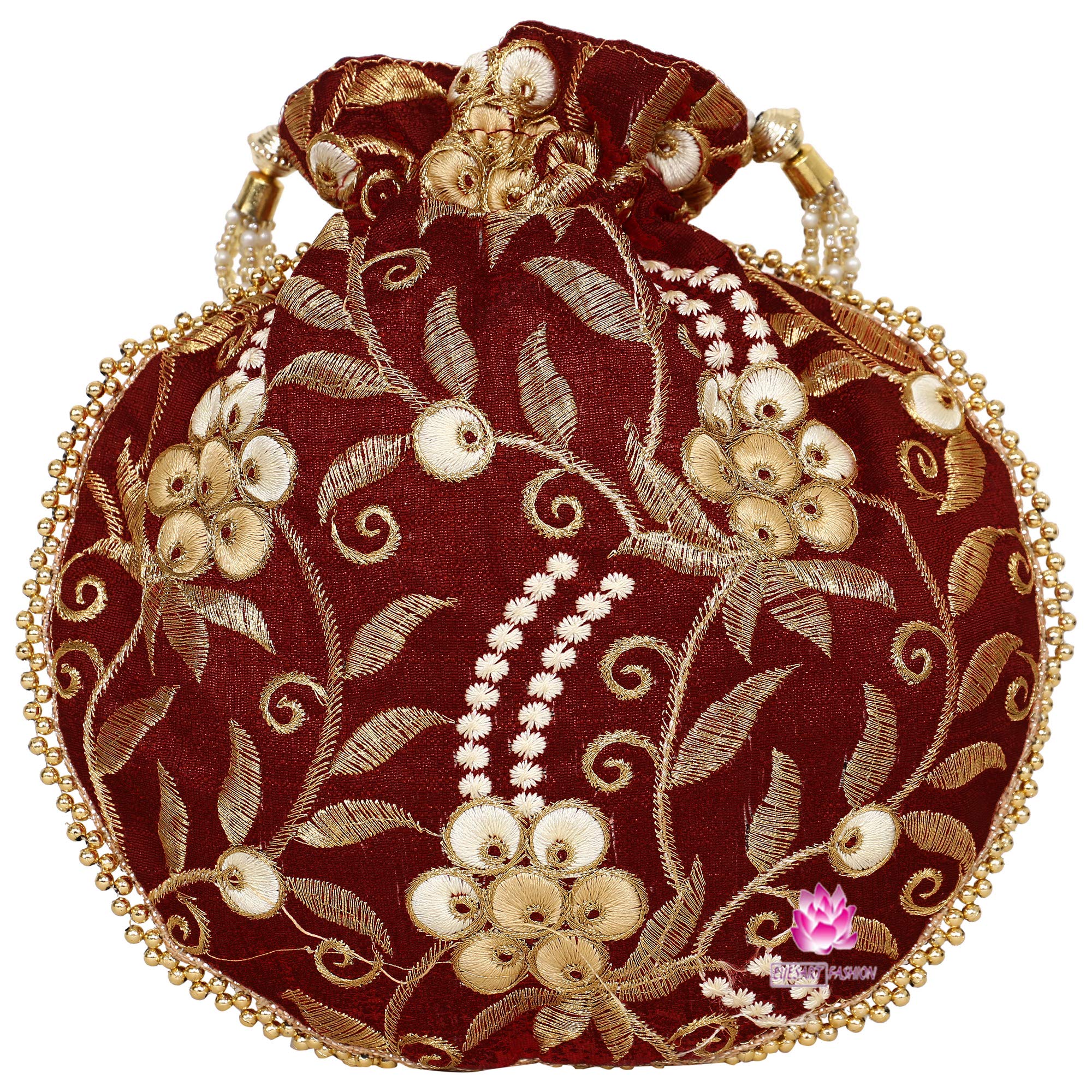 Bridal Bag for Women Indian Ethnic Potli Drawstring Purse Handbag Embroidered Floral Bag Batwa Wedding Jewelry Pearls Handle Clutch (H*L-23x24CM Maroon)