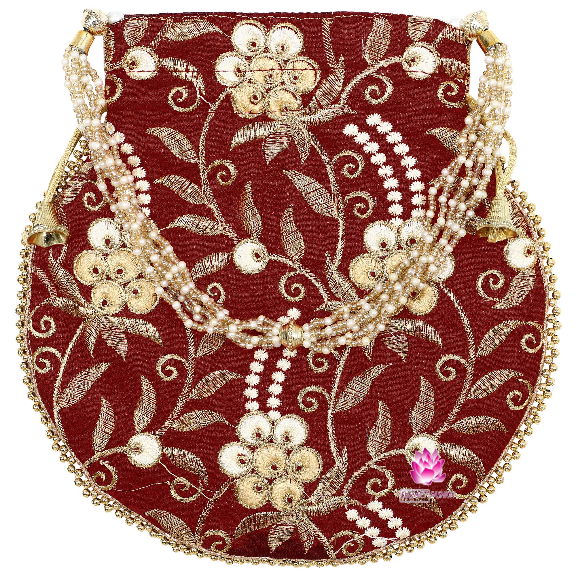 Bridal Bag for Women Indian Ethnic Potli Drawstring Purse Handbag Embroidered Floral Bag Batwa Wedding Jewelry Pearls Handle Clutch (H*L-23x24CM Maroon)