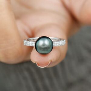 Rosec Jewels Real Tahitian Pearl Solitaire Ring with Diamond, 9 cttw, Aaa Quality, 14K White Gold, Size:US 9.00