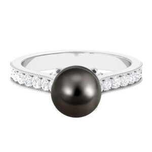 Rosec Jewels Real Tahitian Pearl Solitaire Ring with Diamond, 9 cttw, Aaa Quality, 14K White Gold, Size:US 9.00