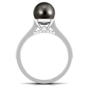 Rosec Jewels Real Tahitian Pearl Solitaire Ring with Diamond, 9 cttw, Aaa Quality, 14K White Gold, Size:US 9.00