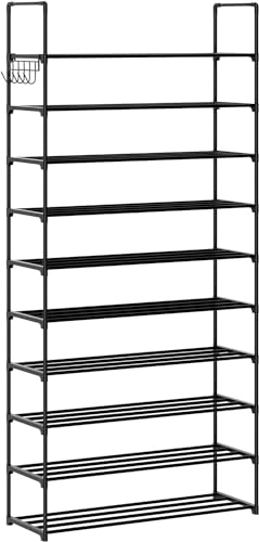 HOMICKER Shoe Rack,10 Tier Shoe Organizer Large Shoe Storage with Hooks,Fit 40-50 Pairs Shoes,Metal Tall Shoe Shelf for Closet,Entryway,Garage,Bedroom