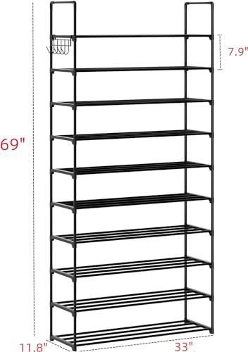 HOMICKER Shoe Rack,10 Tier Shoe Organizer Large Shoe Storage with Hooks,Fit 40-50 Pairs Shoes,Metal Tall Shoe Shelf for Closet,Entryway,Garage,Bedroom