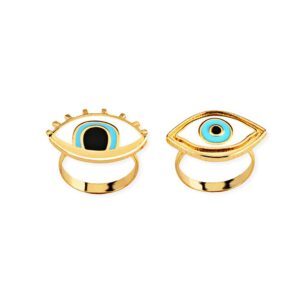 hujuon 2 pieces gold evil eye rings set asymmetry evil eye finger stackable ring blue eye protection lucky jewelry for women (blue)