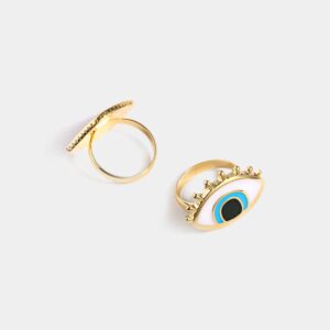 HUJUON 2 Pieces Gold Evil Eye Rings Set Asymmetry Evil Eye Finger Stackable Ring Blue Eye Protection Lucky Jewelry for Women (Blue)