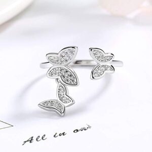 Adjustable Leaf Open Ring Silver Plated Cubic Zirconia Opening Ring Dainty Butterfly Open Band Ring Fashion Style Adjustable Animal Ring Silver Butterfly Ring Double Butterfly Ring Jewelry-Butterfly