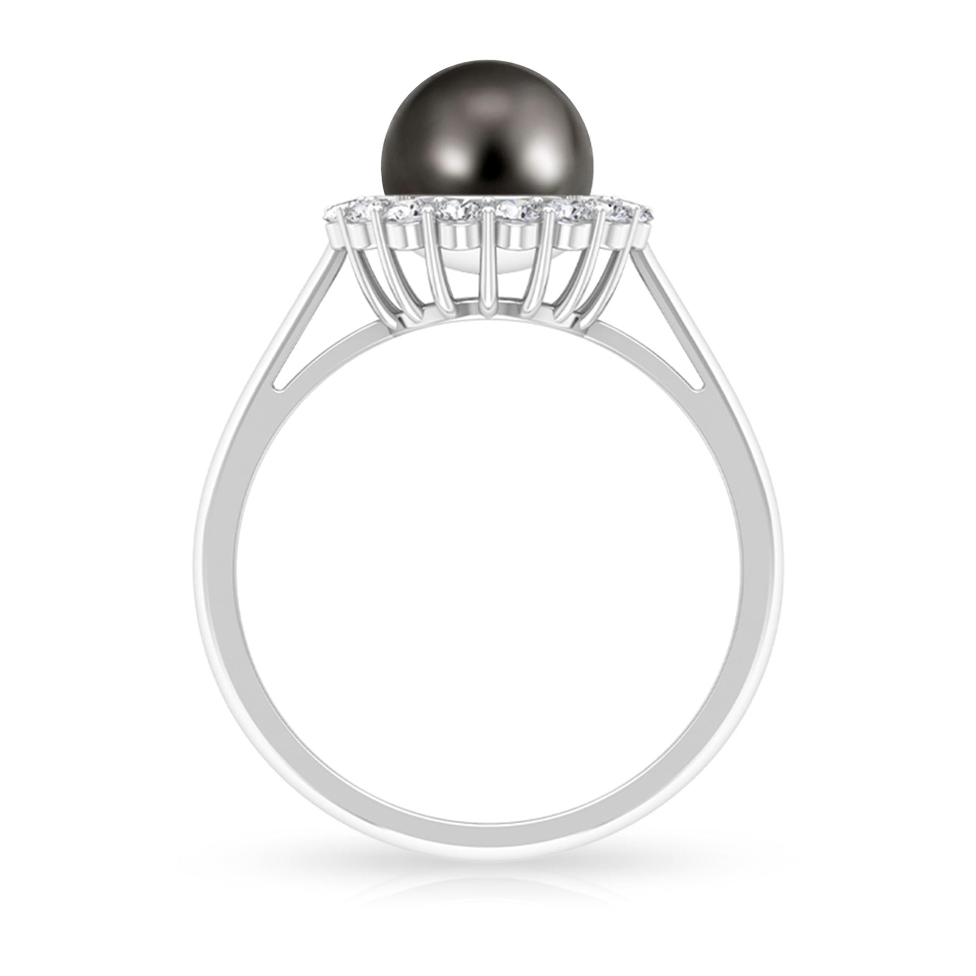 Black Cultured Pearl Halo Cocktail Ring for Women, 8 mm Round, AAA Quality, June Birthstone Jewelry, 14K White Gold, Size:US 10.00