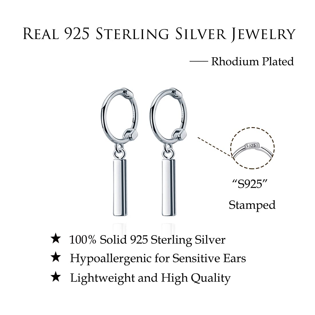 Reffeer Solid 925 Sterling Silver Bar Hoop Earrings Huggie for Women Small Bar Huggie Earrings Drops (A-Silver)