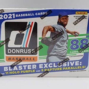 2021 Panini Donruss MLB Baseball Blaster Box - 11 Packs of 8 Cards - 11 Holo Purple and 5 Rapture Parallels per Box on Avg.