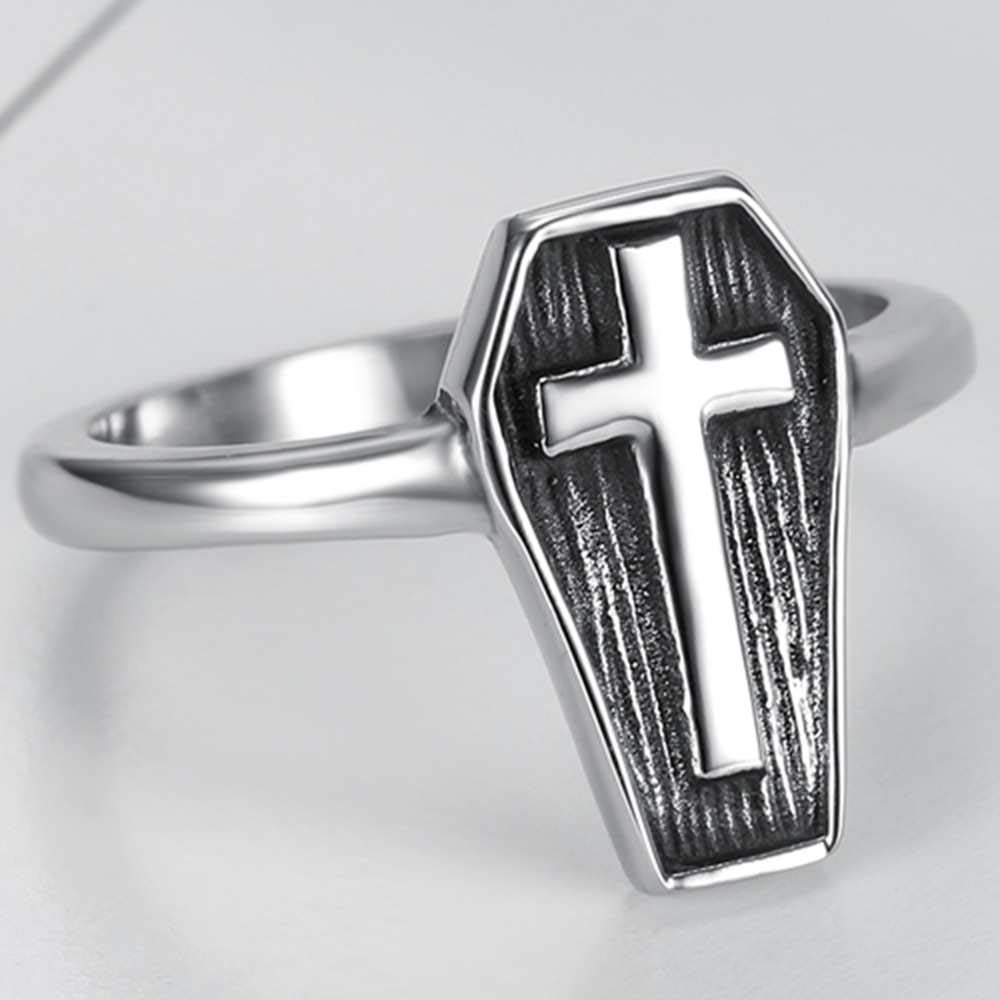 Jude Jewelers Stainless Steel Christian Cross Coffin Shape Religious Prayer Cocktail Party Halloween Biker Ring (Silver, 6)